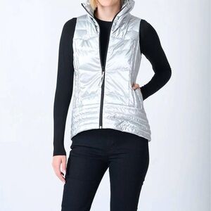 Silver Quilted Puffer Vest with High Collar